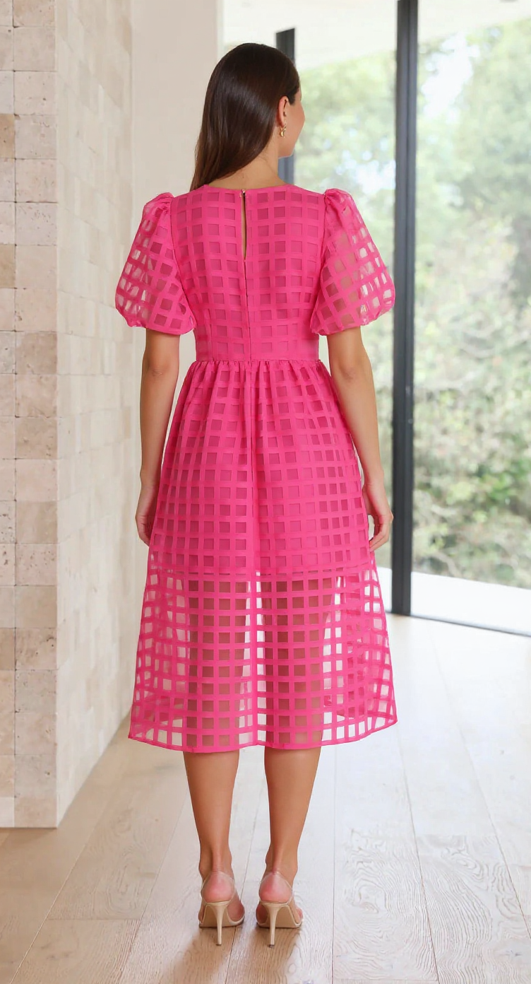 Grid Textured Puff Sleeve V-Neck Midi Wedding Guest Dress