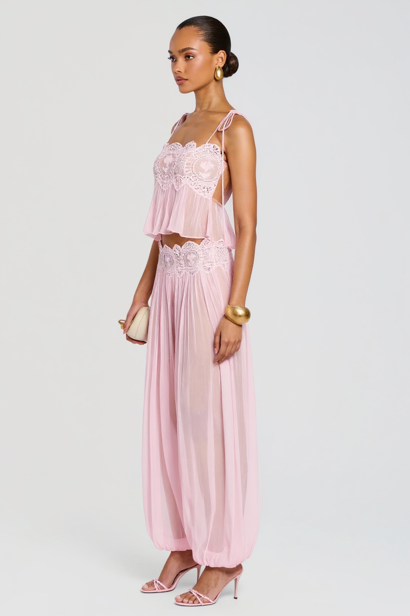 Elegant Pink Lace-Trimmed Two-Piece Set with Flowy Pants and Strappy Top
