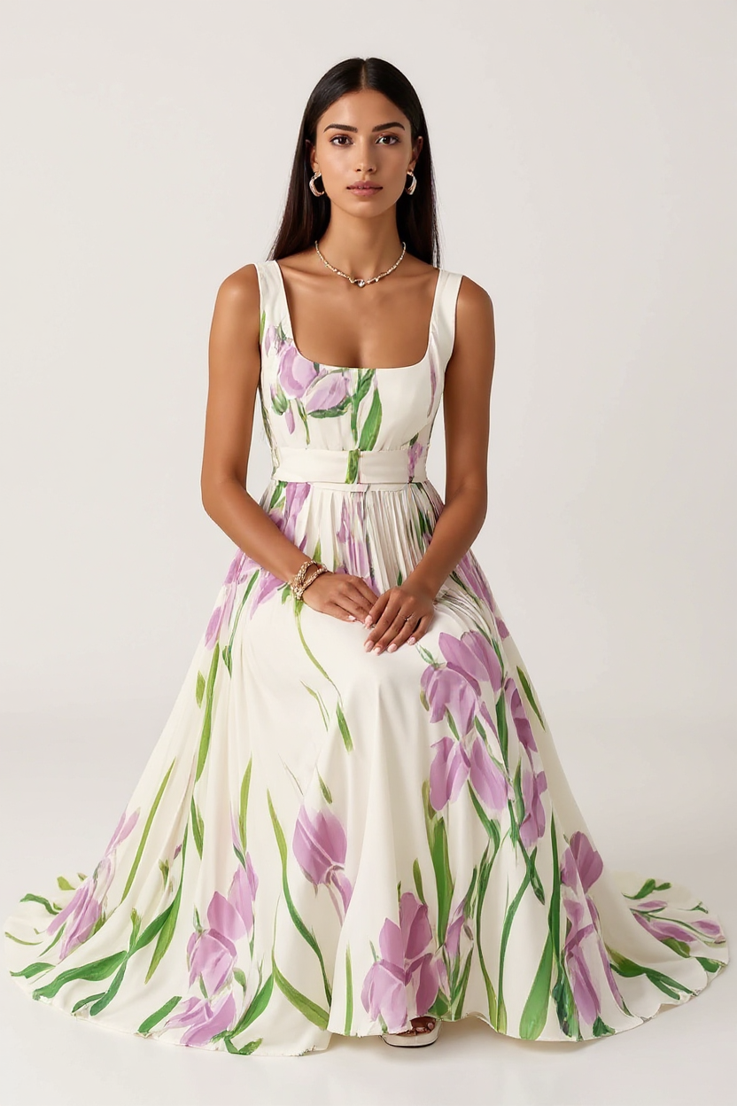 Floral Pleated Maxi Dress with Square Neckline