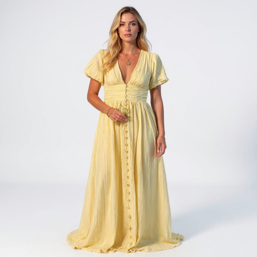 Paola Women V-Neck Puff Sleeve Button Front Maxi Sundress