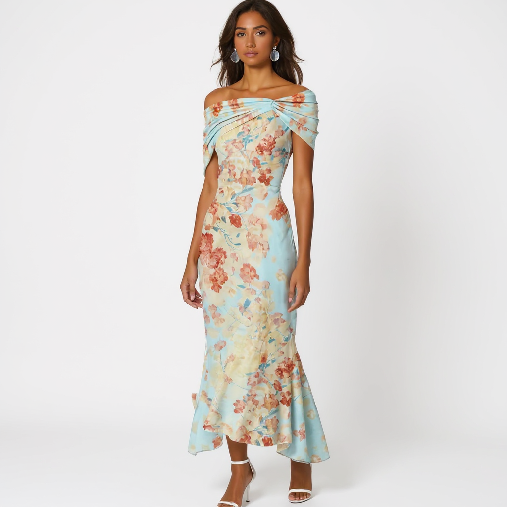 Floral Off-Shoulder Pastel Midi Dress
