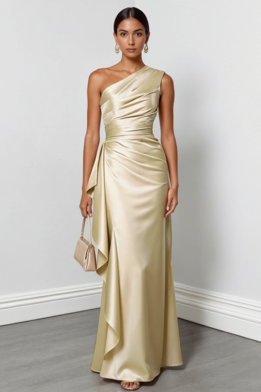 Elegant One-Shoulder Satin Ruffle Dress in Champagne