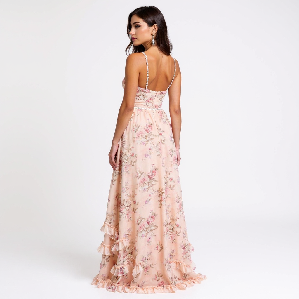 Vivienne Sheer Lace Trim Satin Backless Maxi Dress