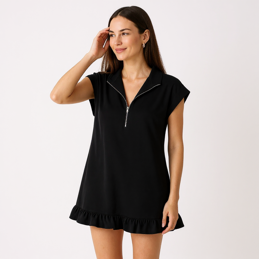 Olivia Women Sleeveless Half-Zip Stand Collar Ruffle Hem Mini Dress
