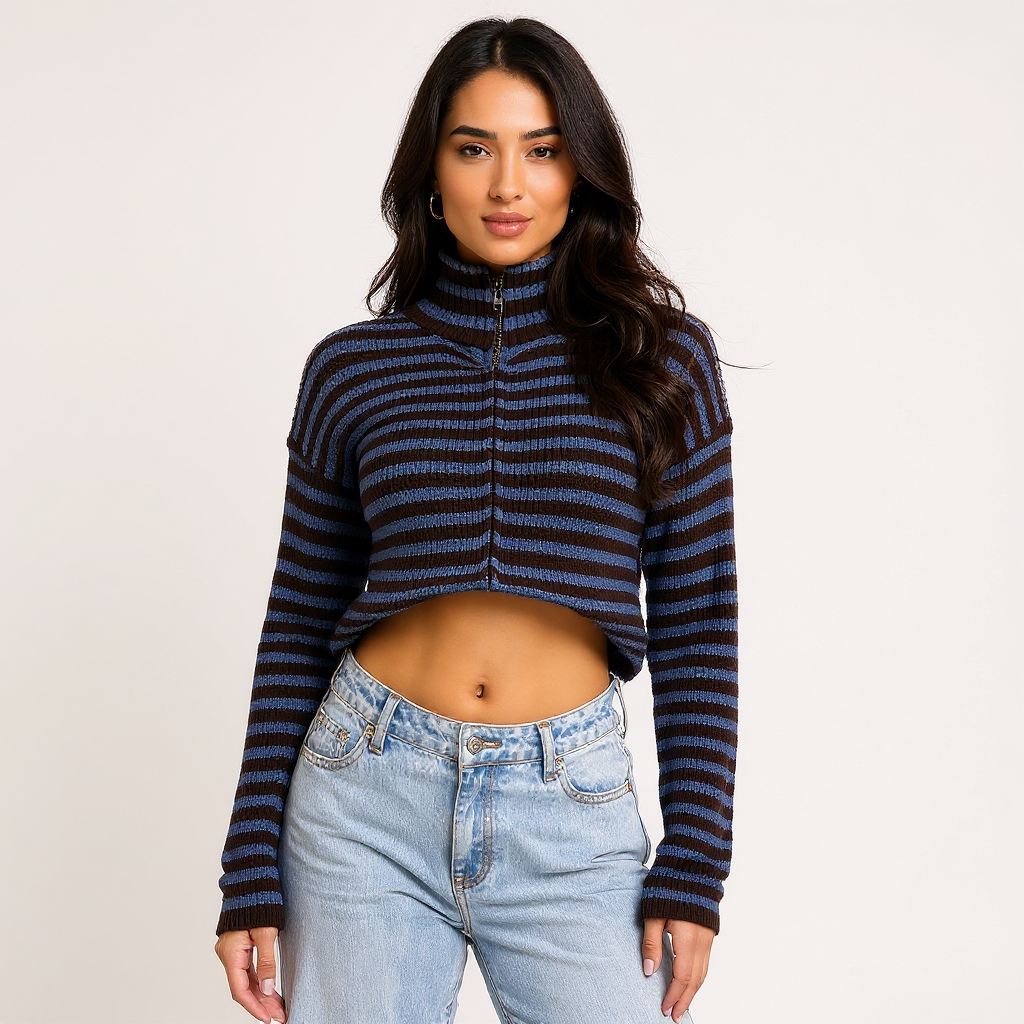 Bella Women Striped Oversized Chunky Knit Zip Cardigan