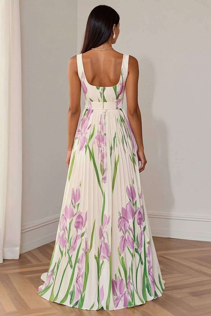 Floral Pleated Maxi Dress with Square Neckline