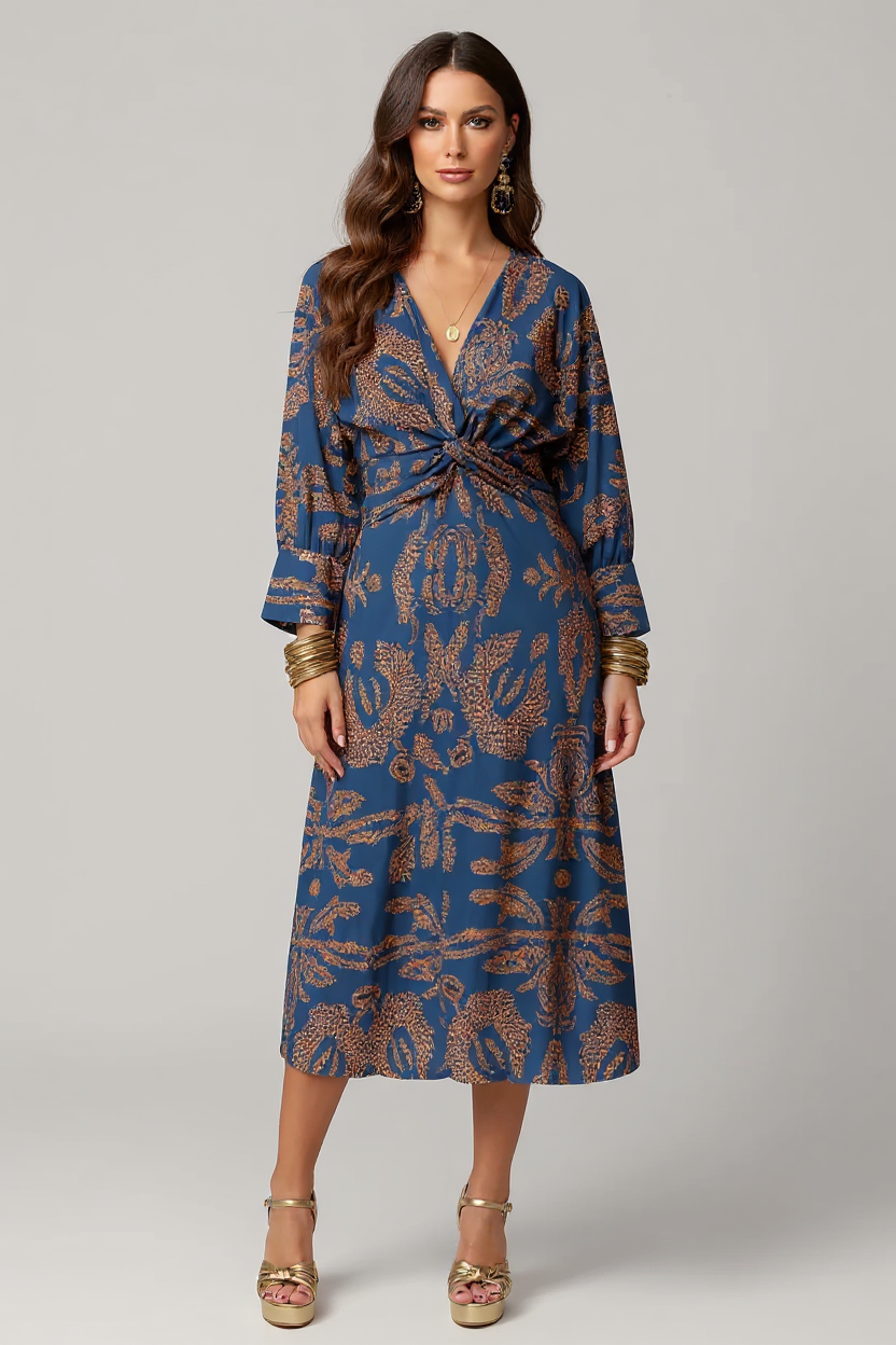 Rosalie Long Flare Sleeve V-Neck Satin Maxi Evening Dress