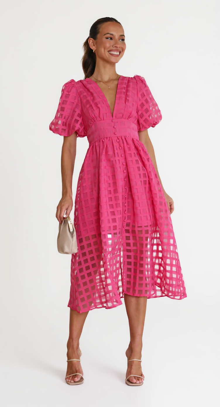 Grid Textured Puff Sleeve V-Neck Midi Wedding Guest Dress