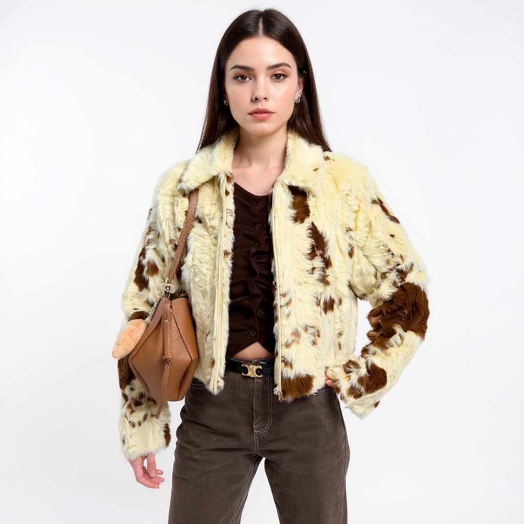 Teresa Women Faux Fur Cow Print Plush Soft Jacket