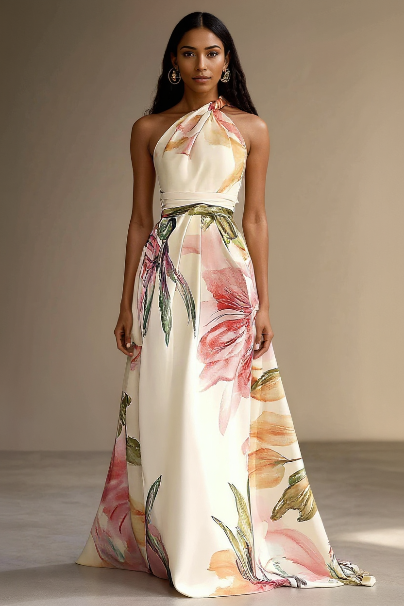 Elegant Halter Neck Floral Satin Maxi Dress