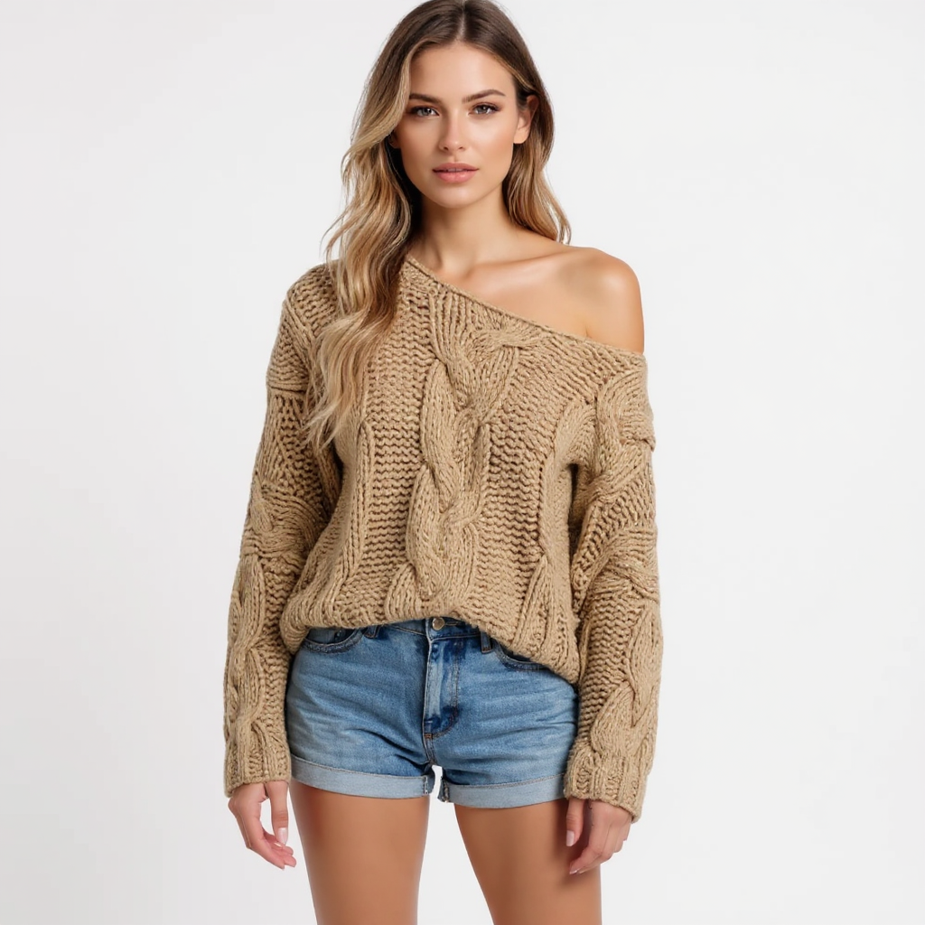 Chic Off-Shoulder Cable Knit Sweater in Warm Taupe