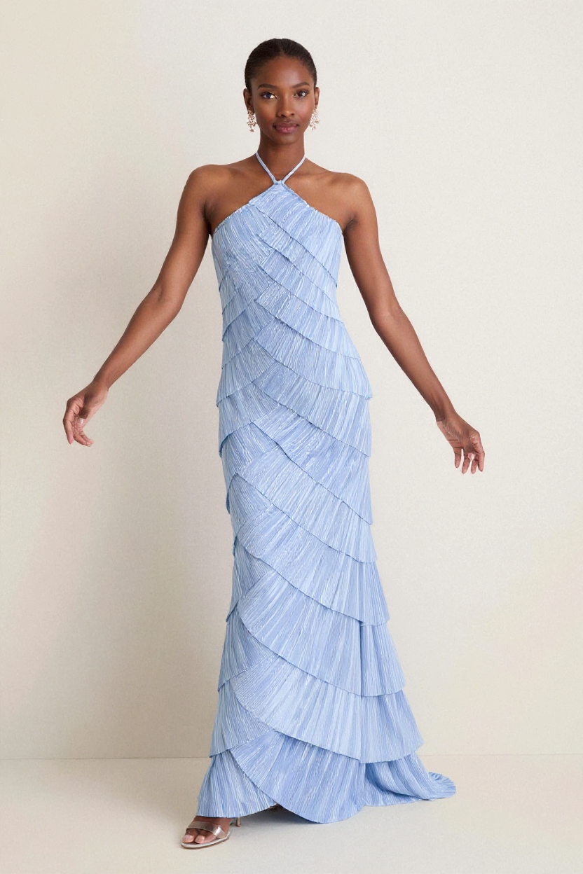 Elegant Light Blue Pleated Halter-Neck Maxi Dress