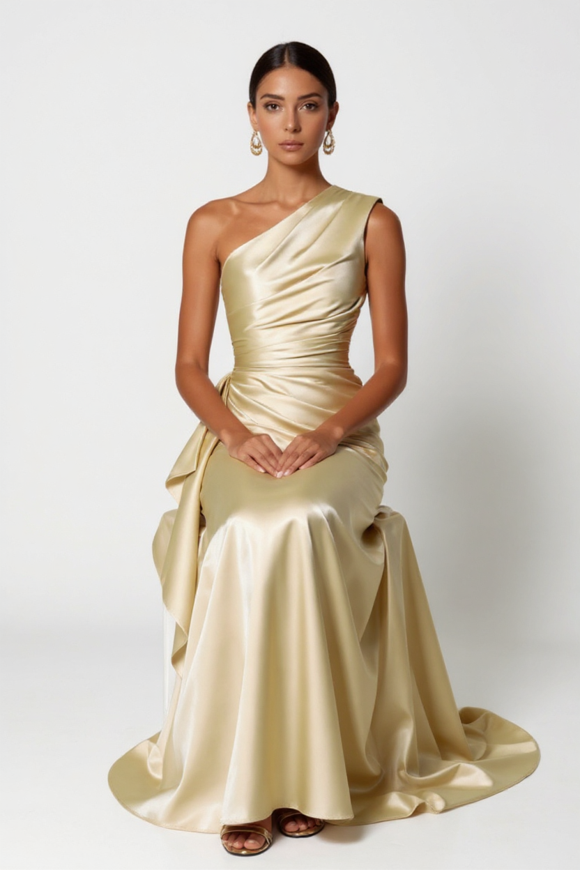 Elegant One-Shoulder Satin Ruffle Dress in Champagne