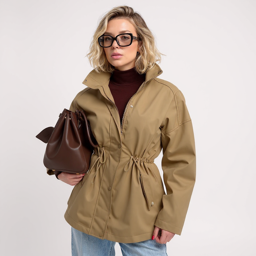 Wendy Women Drawstring Waist Stand Collar Utility Jacket