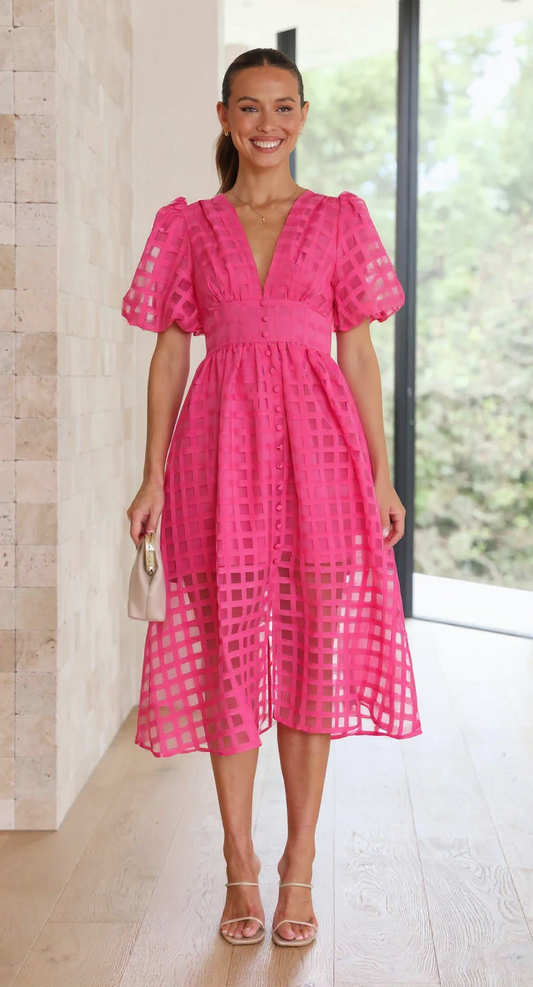 Grid Textured Puff Sleeve V-Neck Midi Wedding Guest Dress