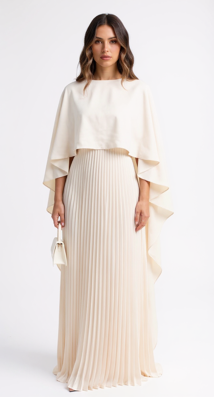 Genevieve Long Cape Sleeve Pleated Maxi Wedding Guest Dress