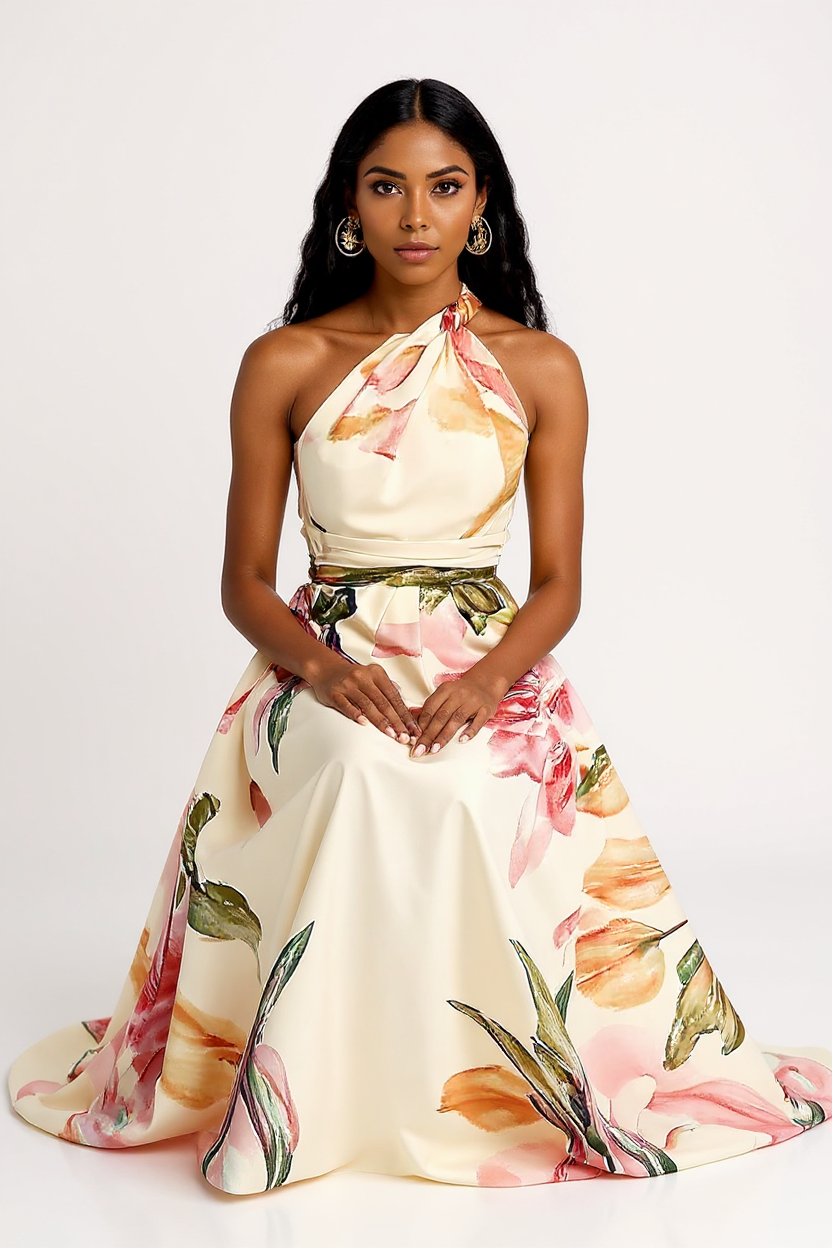 Elegant Halter Neck Floral Satin Maxi Dress