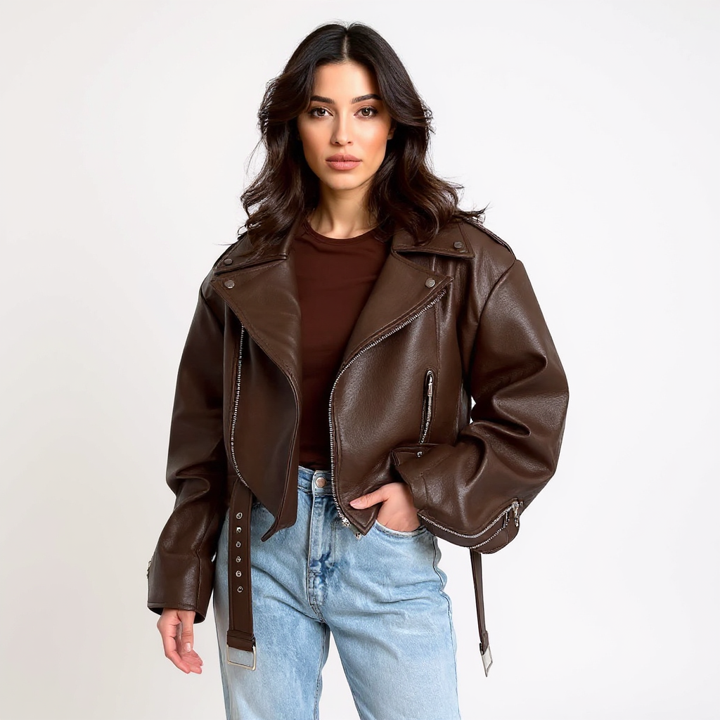 Fiona Women Oversized Faux Leather Cropped Jacket