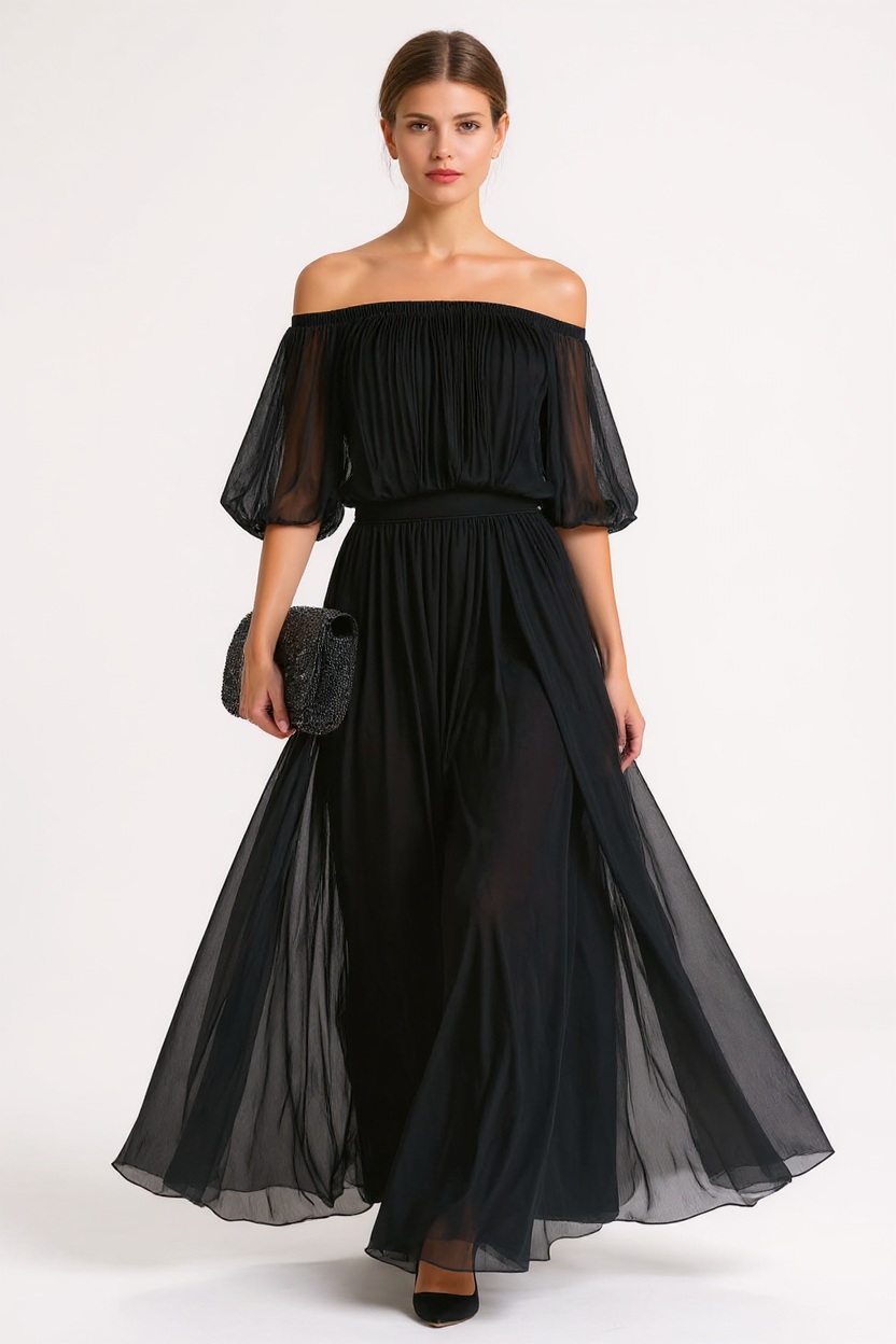 Elegant Off-Shoulder Black Pleated Dress
