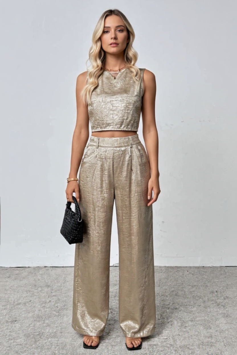 Elegant Metallic Gold Two-Piece Set with Sleeveless Top and Wide-Leg Trousers
