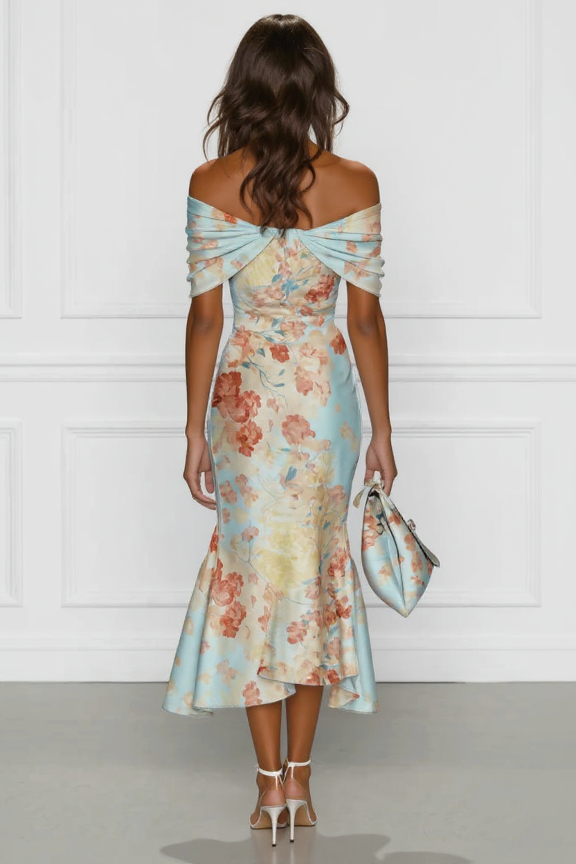 Floral Off-Shoulder Midi Dress in Pastel Shades