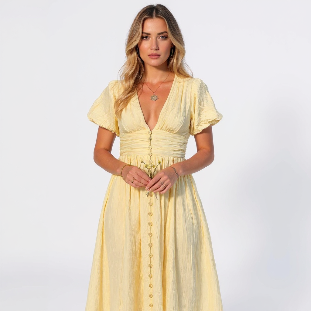 Paola Women V-Neck Puff Sleeve Button Front Maxi Sundress