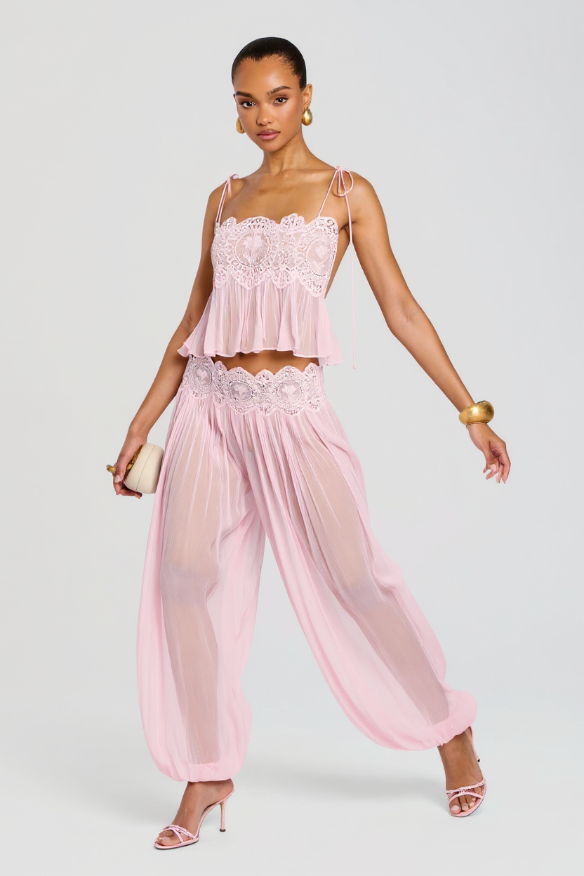 Elegant Pink Lace-Trimmed Two-Piece Set with Flowy Pants and Strappy Top