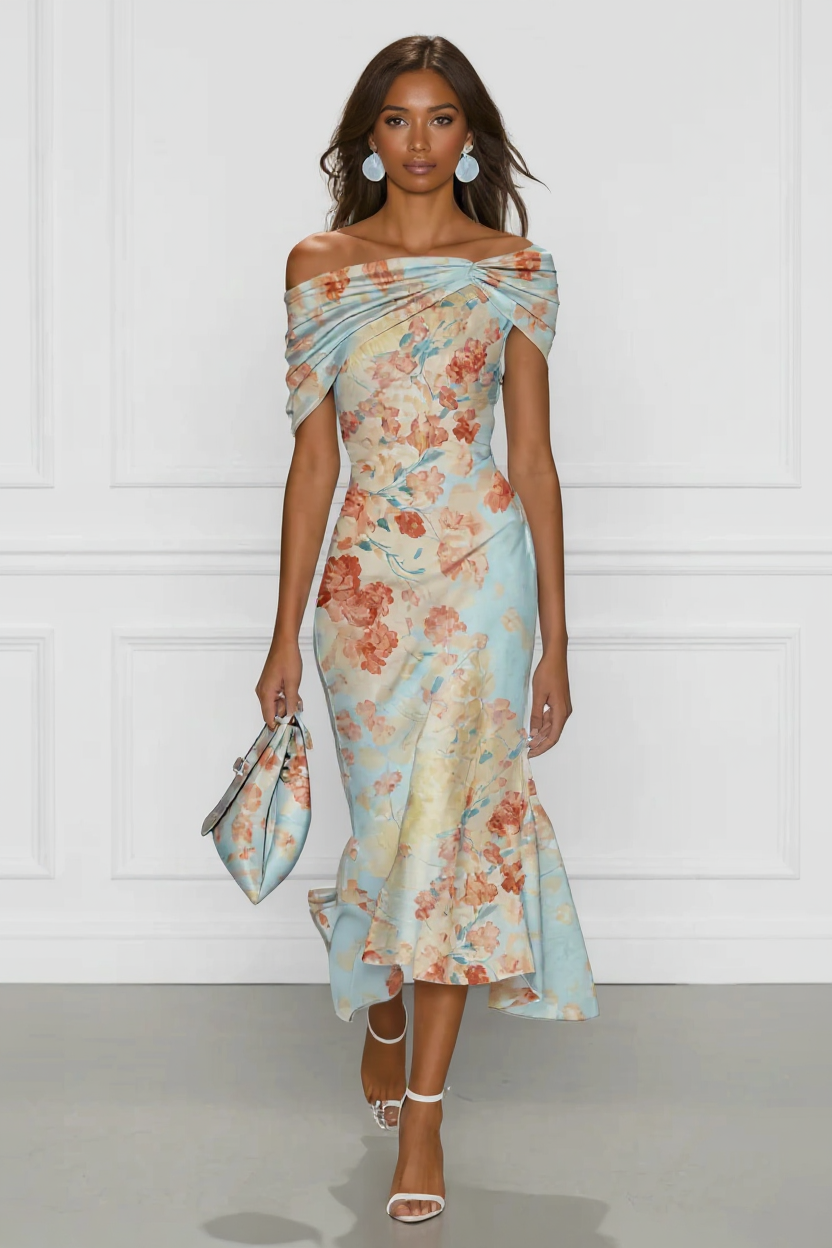 Floral Off-Shoulder Midi Dress in Pastel Shades