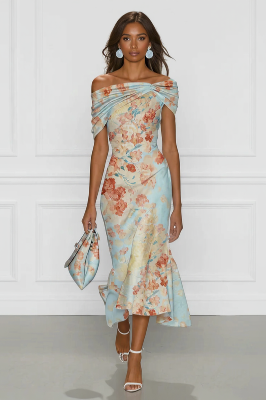 Floral Off-Shoulder Midi Dress in Pastel Shades