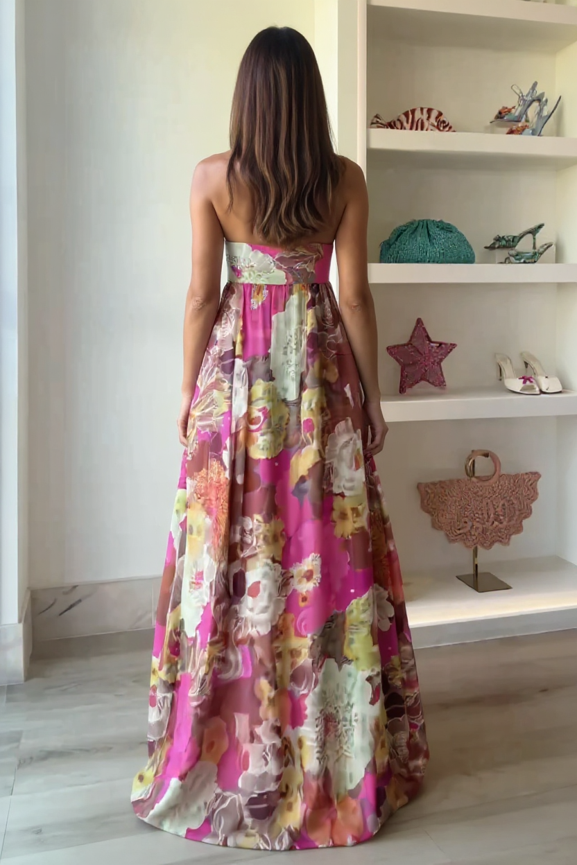 Celeste Sleeveless V-Neck Pleated Satin Maxi Evening Dress
