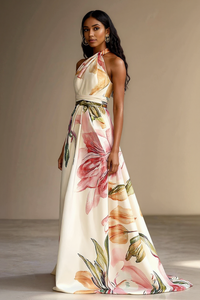 Elegant Halter Neck Floral Satin Maxi Dress