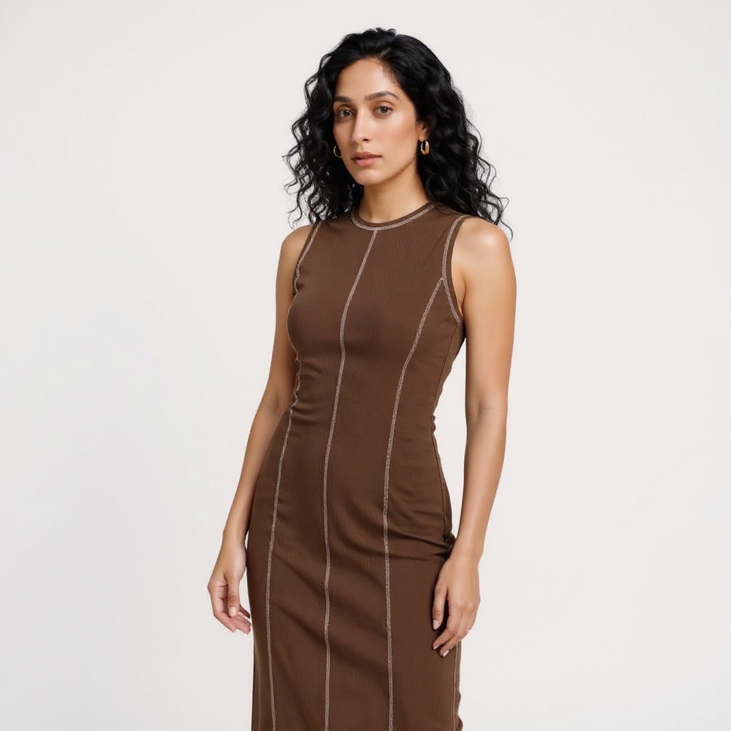 Kiara Women Sleeveless Contrast Seam Knit Maxi Bodycon Dress
