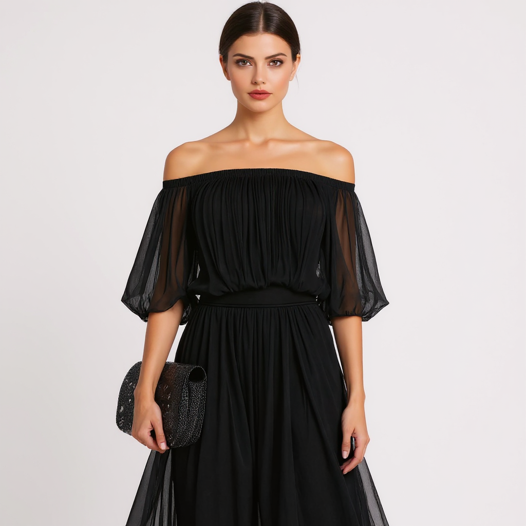 Elegant Off-Shoulder Black Pleated Dress with Flowing Silhouette