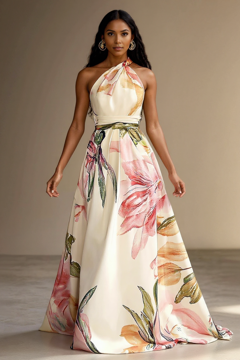 Elegant Halter Neck Floral Satin Maxi Dress