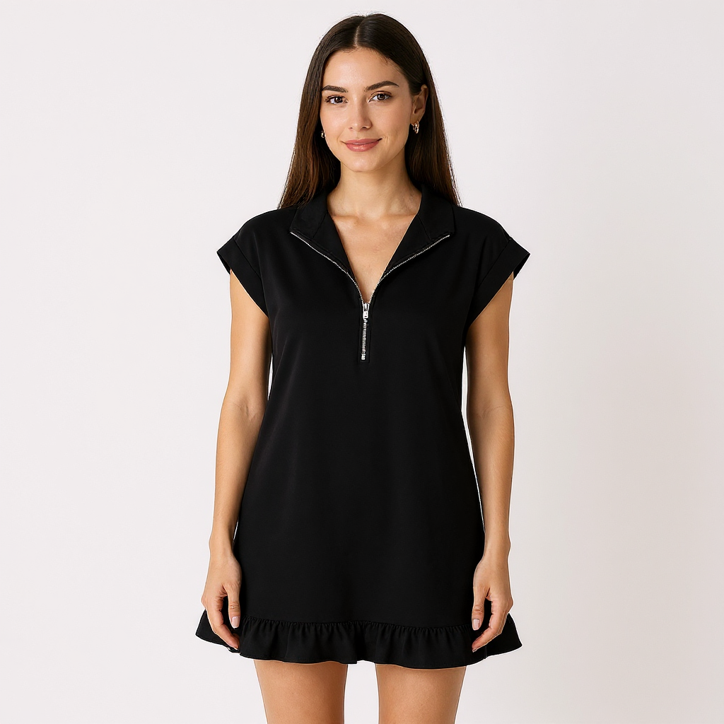 Olivia Women Sleeveless Half-Zip Stand Collar Ruffle Hem Mini Dress