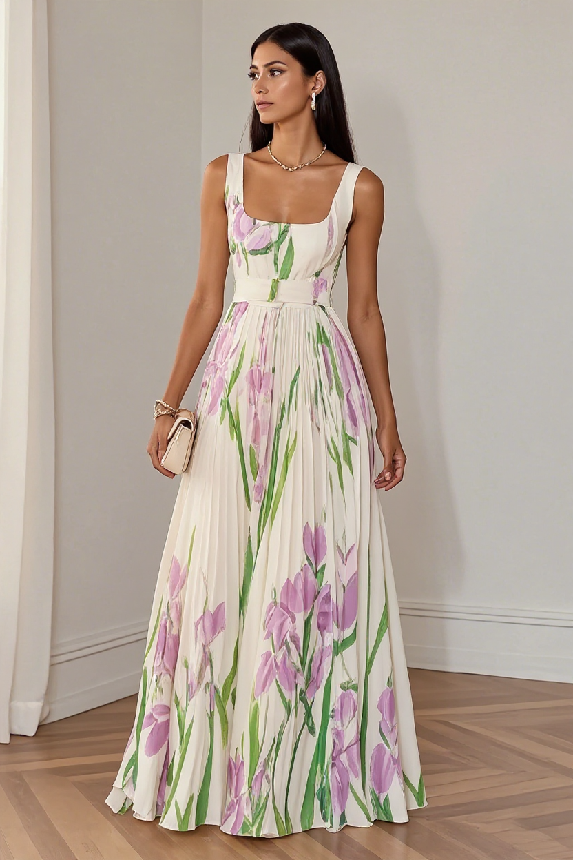 Floral Pleated Maxi Dress with Square Neckline