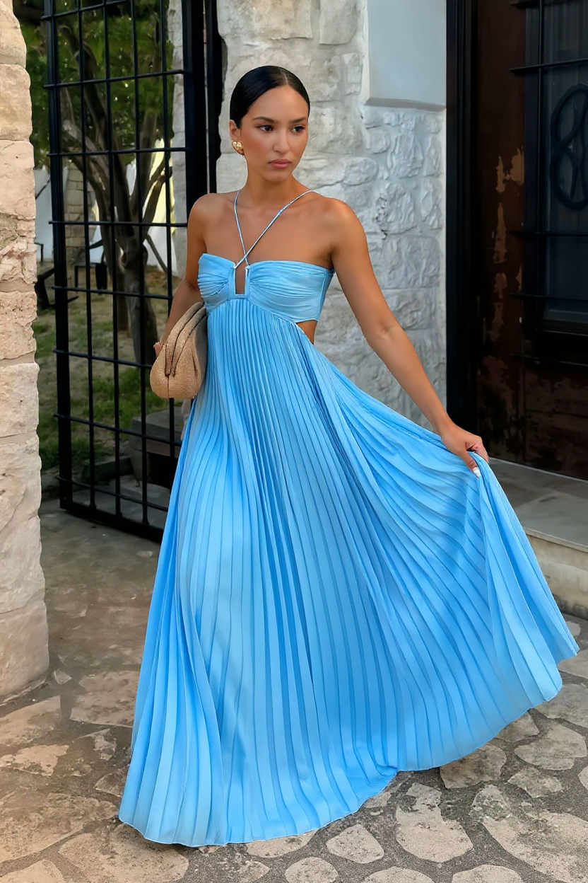 Luella Halter Pleated Satin Maxi Prom Dress with Open Back