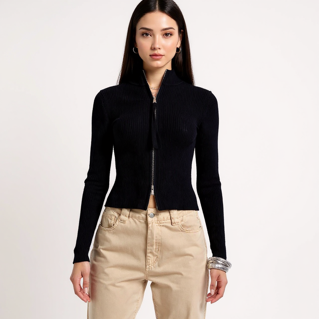 Ada Women Mock Neck Full Zip Cropped Ribbed Cardigan