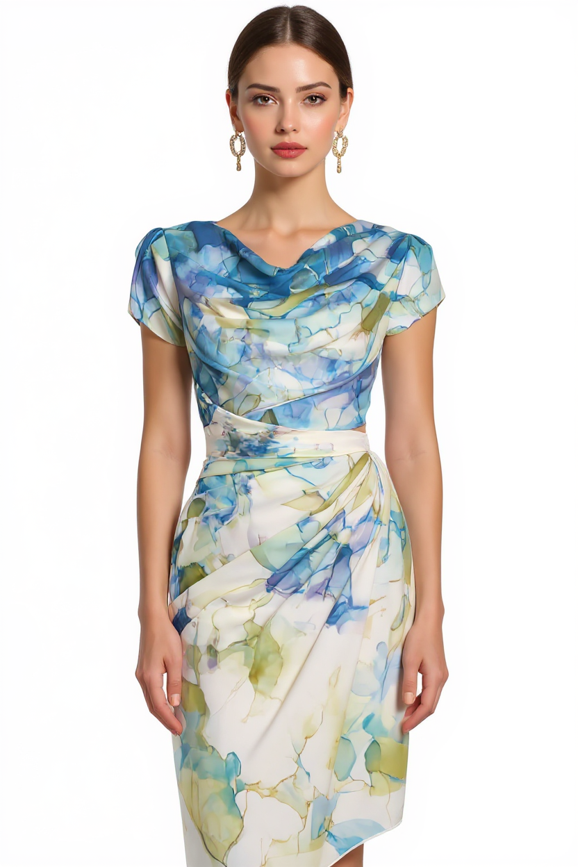 Watercolor Print Cowl Neck Midi Dress