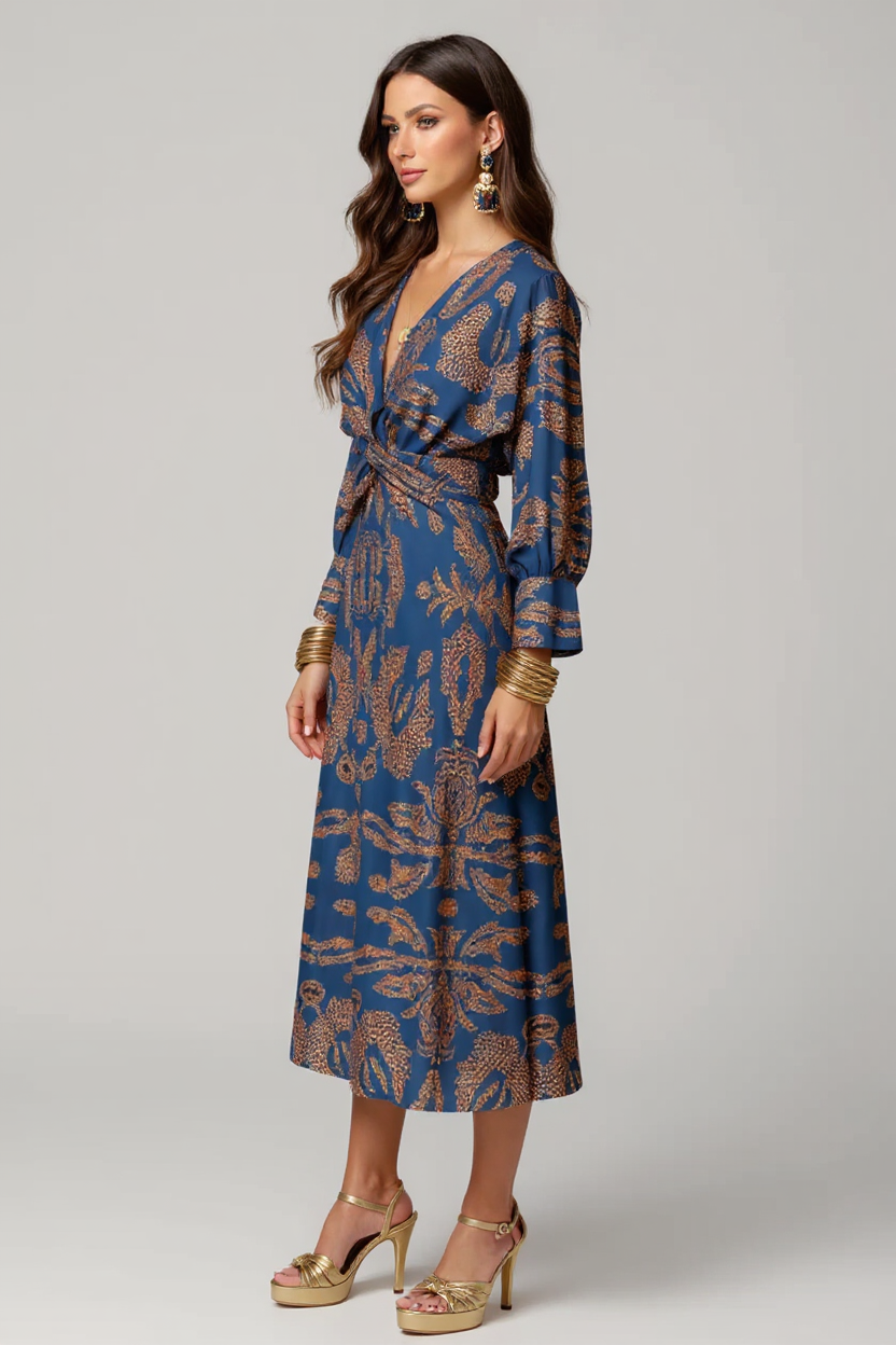 Rosalie Long Flare Sleeve V-Neck Satin Maxi Evening Dress