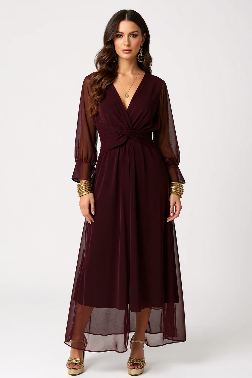 Rosalie Long Flare Sleeve V-Neck Satin Maxi Evening Dress