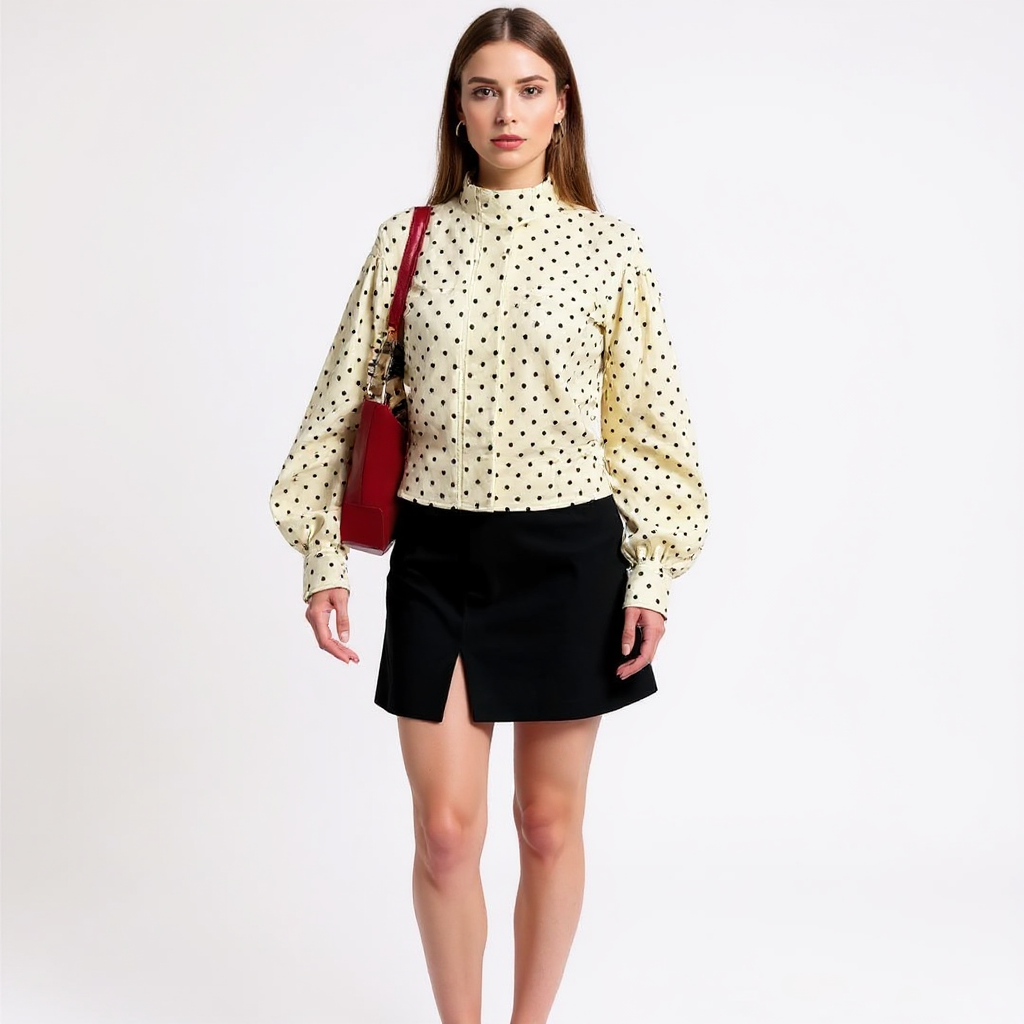 Elena Women High Neck Puff Sleeve Polka Dot Jacket