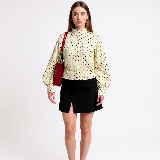 Elena Women High Neck Puff Sleeve Polka Dot Jacket