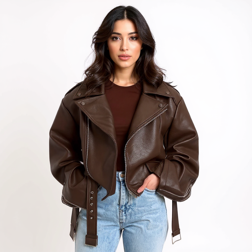 Fiona Women Oversized Faux Leather Cropped Jacket