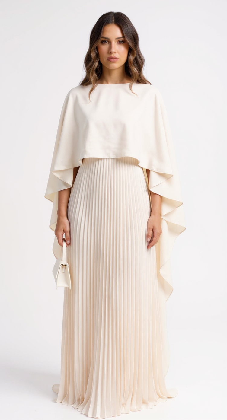 Genevieve Long Cape Sleeve Pleated Maxi Wedding Guest Dress