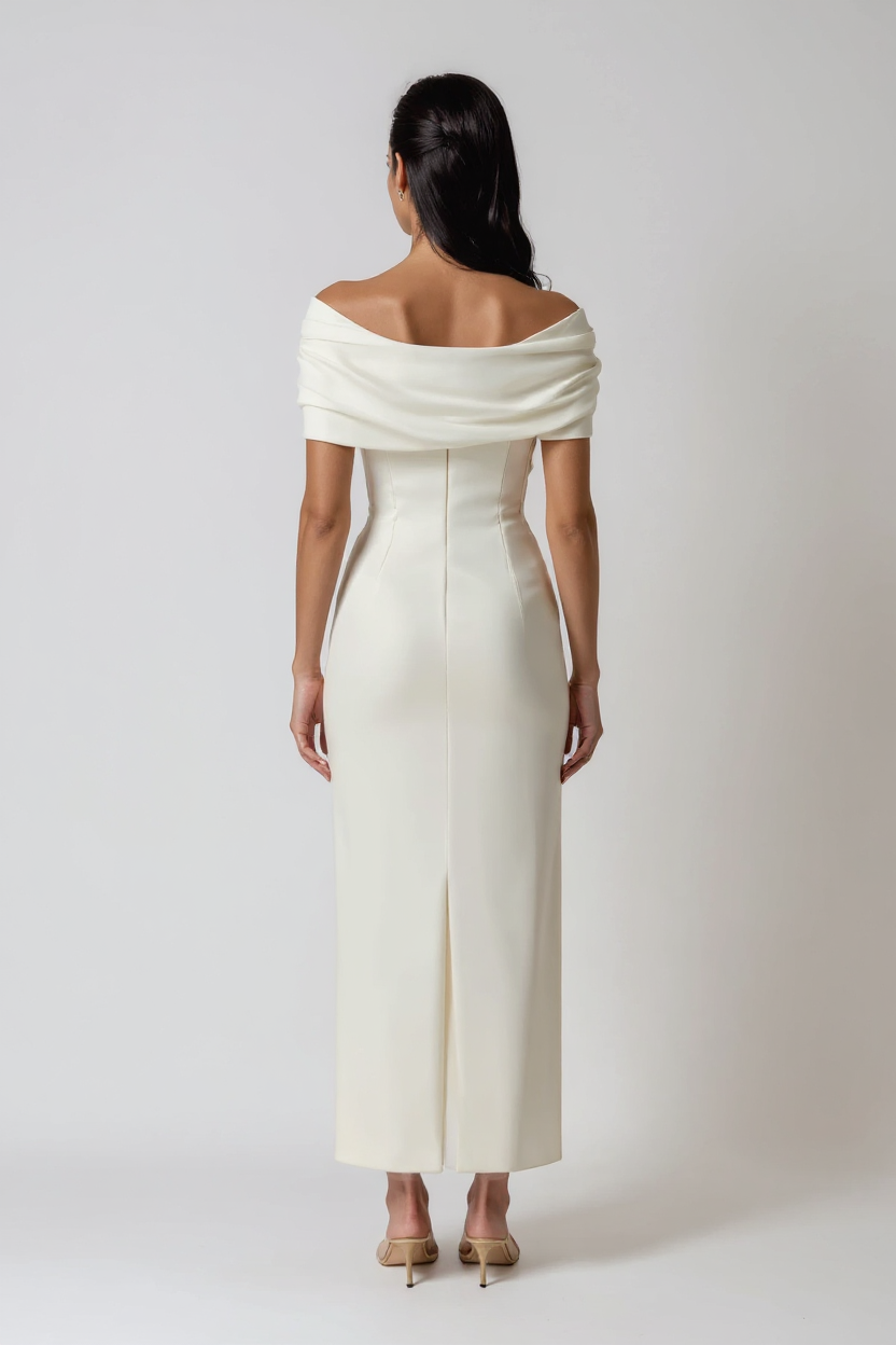 Thea Off-Shoulder Ruched Polyester Maxi Evening Dress