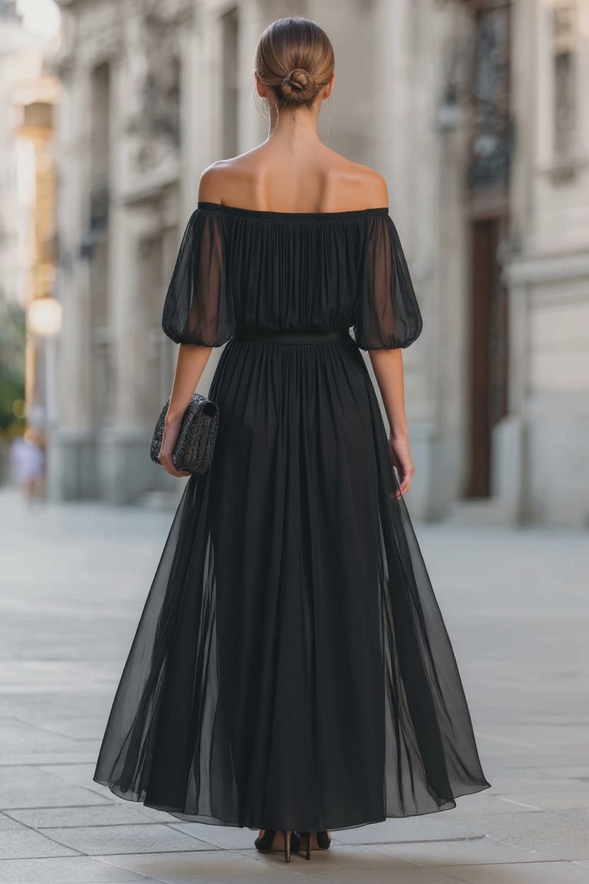 Elegant Off-Shoulder Black Pleated Dress