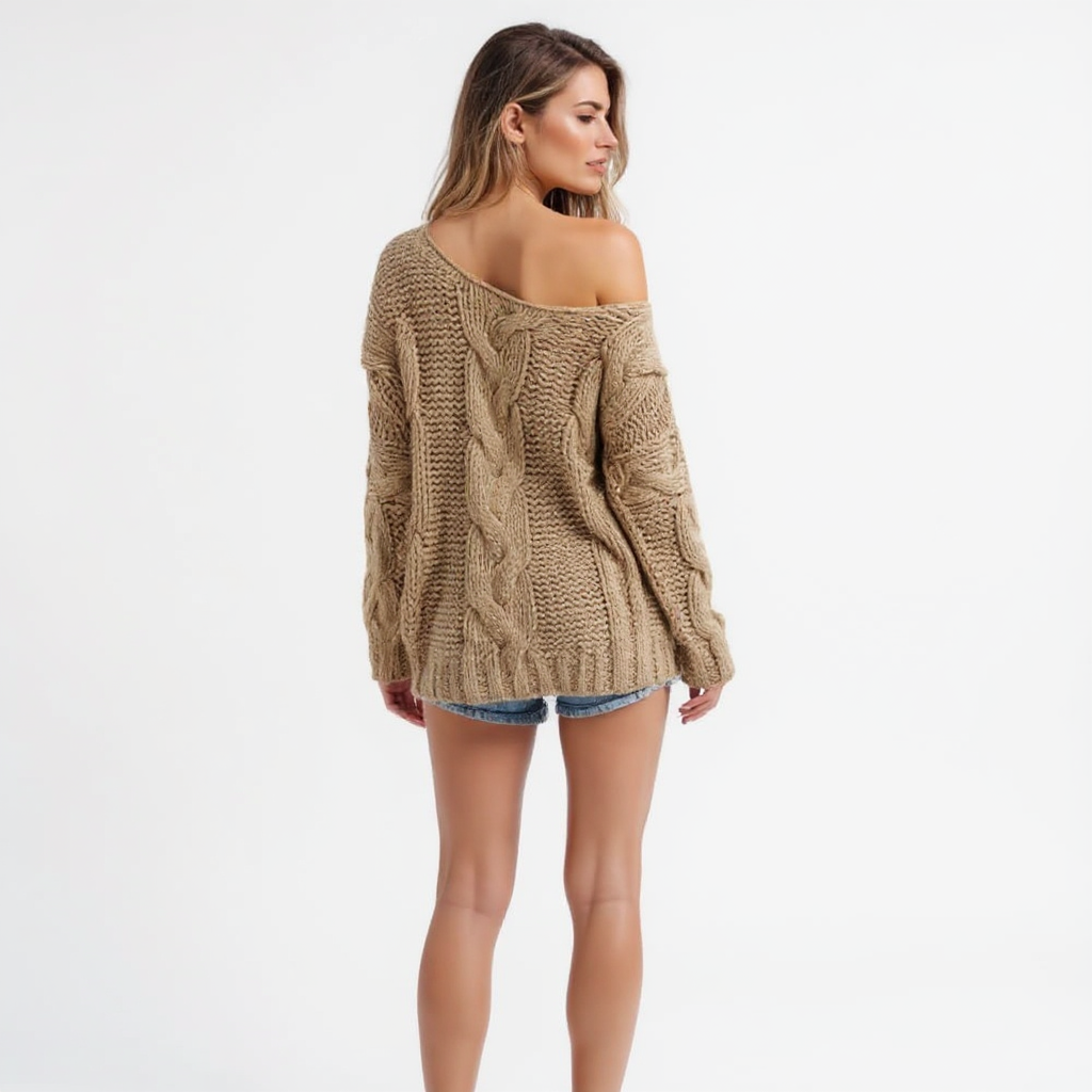 Chic Off-Shoulder Cable Knit Sweater in Warm Taupe