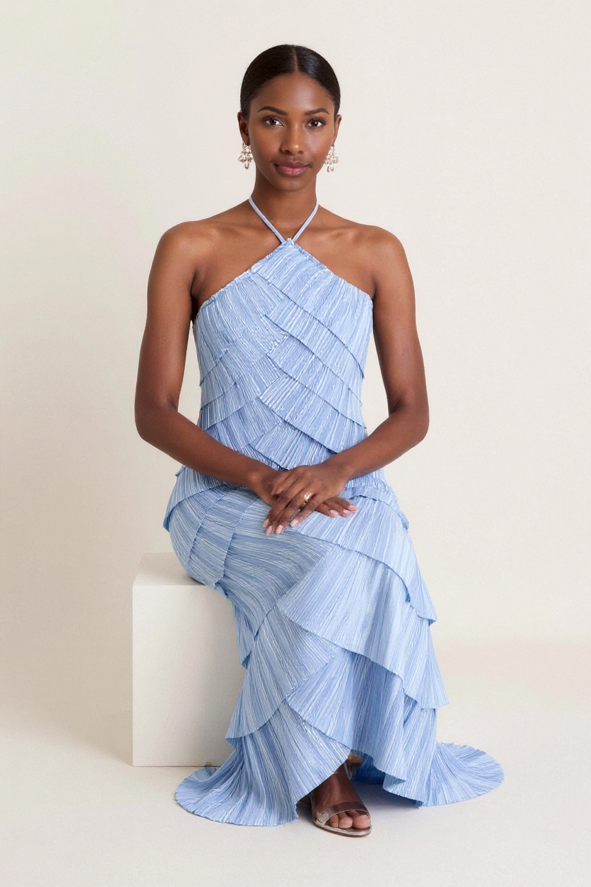 Elegant Light Blue Pleated Halter-Neck Maxi Dress