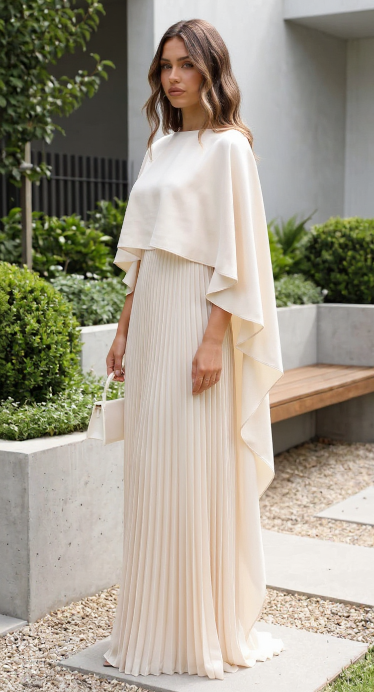 Genevieve Long Cape Sleeve Pleated Maxi Wedding Guest Dress